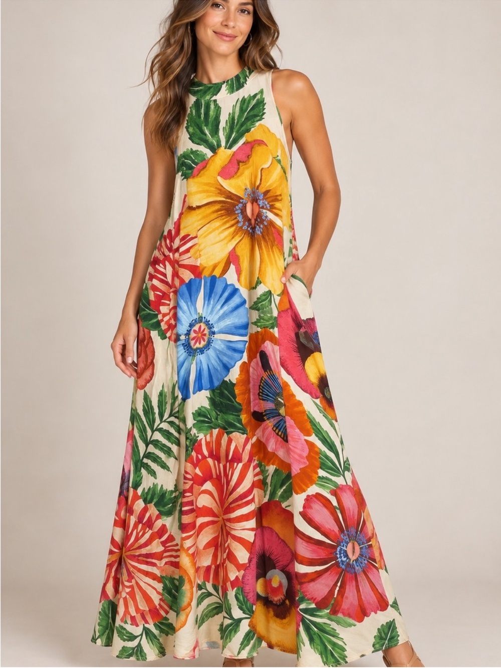 Antropologie FarmRio  Halterneck Maxi Dress with Tropical Print size large
